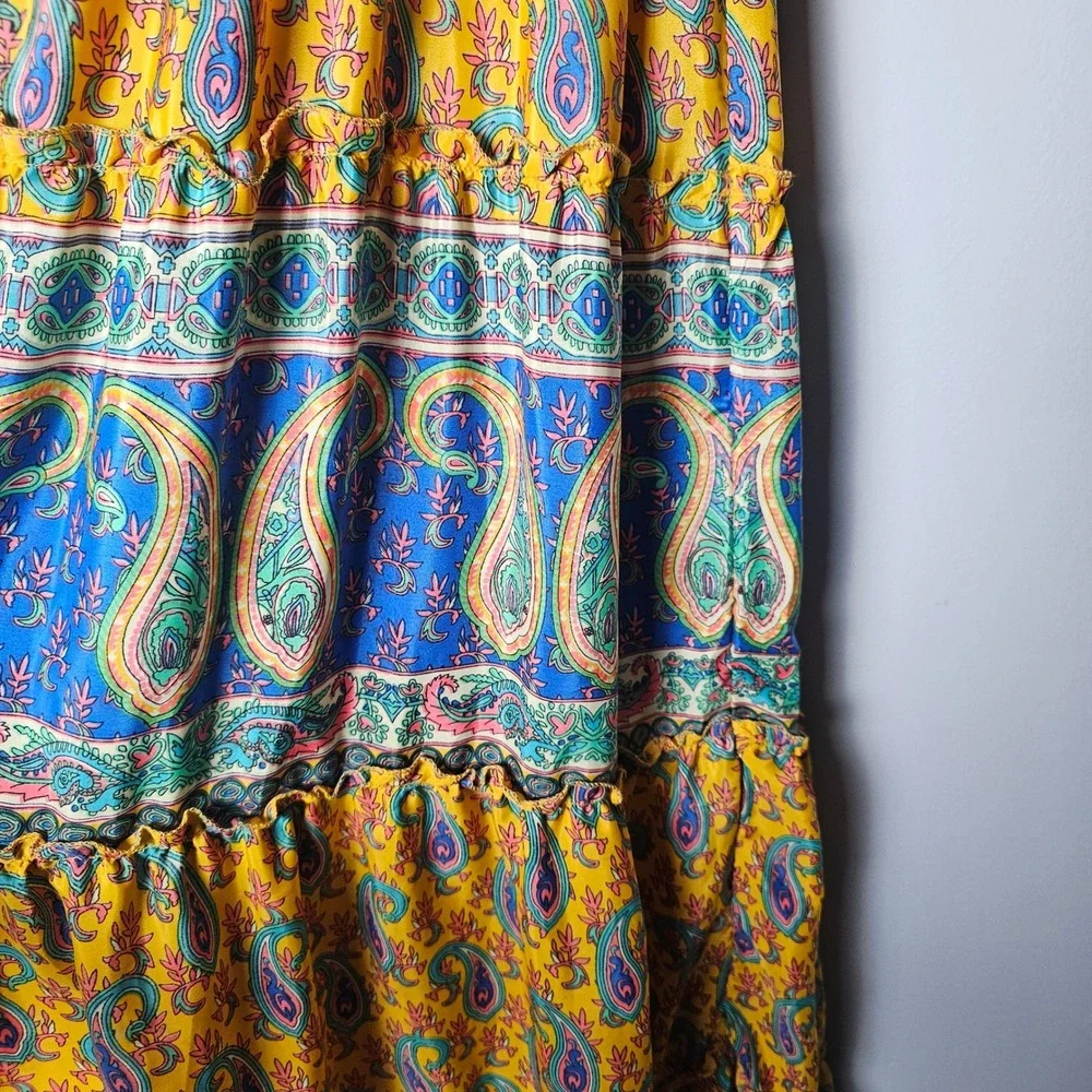ME2MAGIC Yellow Paisley Smocked Maxi Dress‎ Square Neck Balloon Sleeve Boho M - Picture 11 of 12